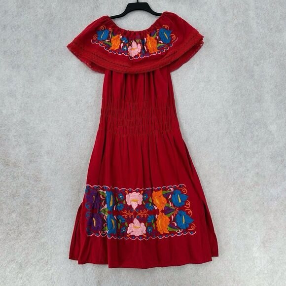 Dresses & Skirts - Mexican Off Shoulder Red Dress Embroidered Floral LARGE Cotton Smocked